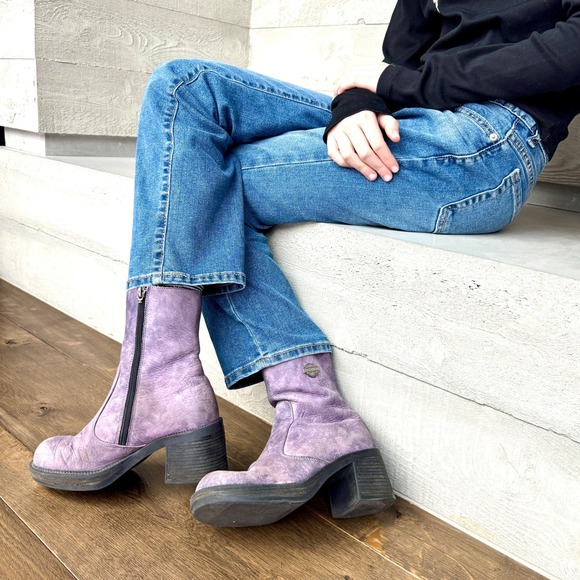 Harley Davidson VTG Womens Block Heel Motorcycle Boots 6.5 Purple Leather 90 Y2K - Picture 3 of 15